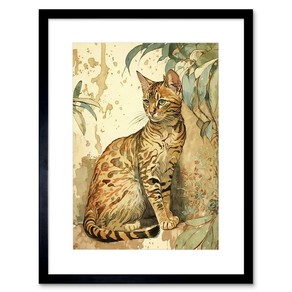 Marble Coat Bengal Cat Perched on Street Wall Watercolour Illustration Artwork Framed Wall Art Print 9X7 Inch