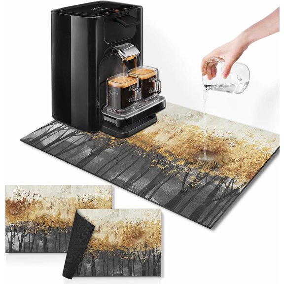 Marble Coffee Mat for Countertops, Gray Yellow Black Gold Dish Drying Mat 2 Pcs for Kitchen Coffee Bar Accessories Fit Under Coffee Maker Espresso Machine Dish Rack Hide Stain Rubber