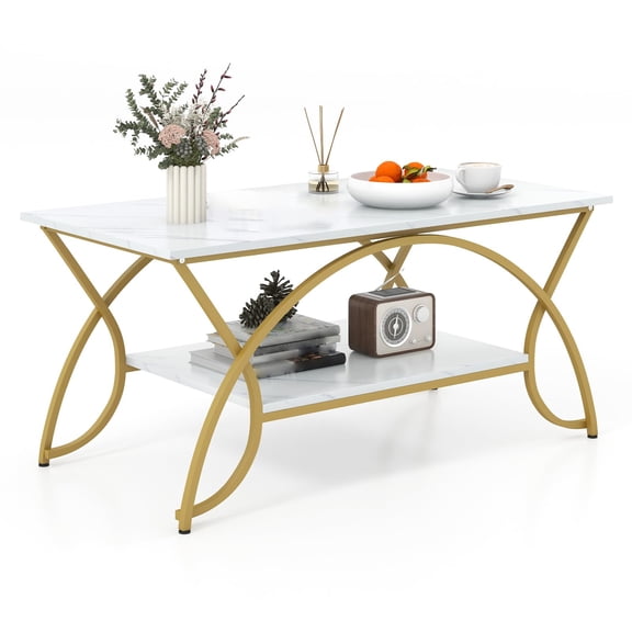 Marble Coffee Table, 2-Tier Modern Faux Marble Accent Table with Storage and Gold Finished Metal Frame, Chic Rectangular End Table for Living Room Lounge, Gold