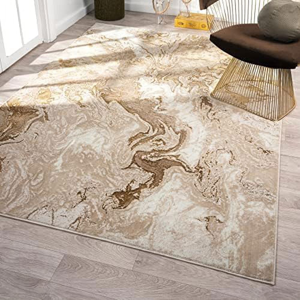 Beige Marble Swirl Abstract 5' x 7' Synthetic Area Rug