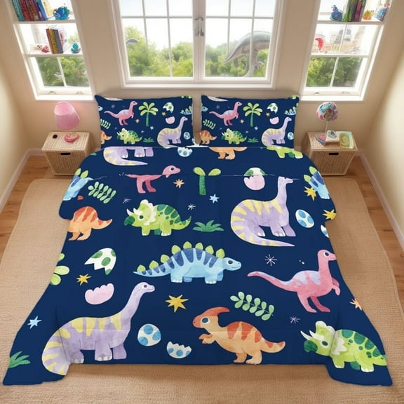 Watercolor Dinosaur Comforter Set Dark Blue Printed Bedding Set with 1 Comforter and 2 Pillowcases for Boys Girls Kids Bedroom Twin