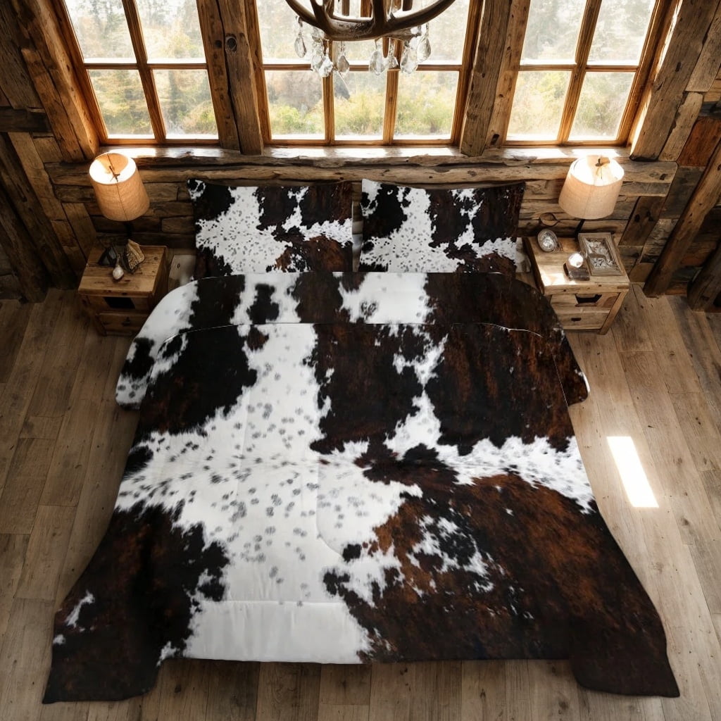 Psoiuetr Brown Rustic Cowhide Comforter Set Full 3 Pieces Black White Cow Skin Print Western Farmhouse Bedding Set