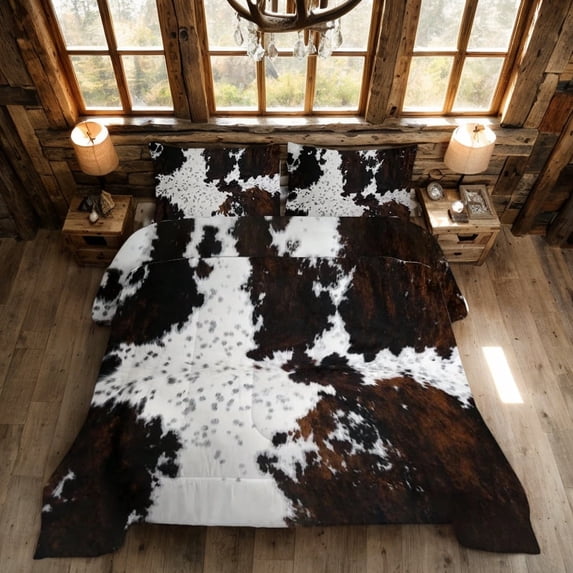 Psoiuetr Brown Rustic Cowhide Comforter Set Full 3 Pieces Black White Cow Skin Print Western Farmhouse Bedding Set
