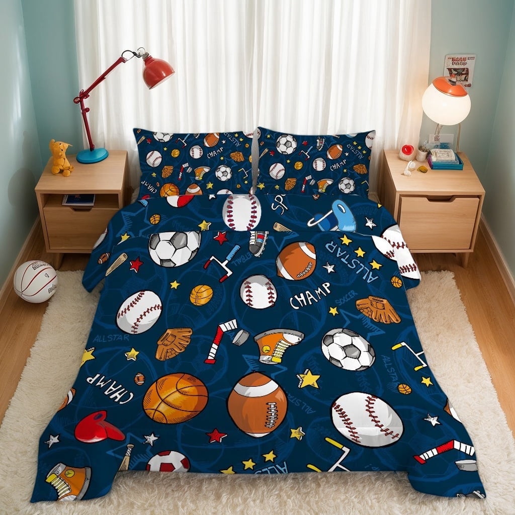 Queen Sports Comforter Set Navy Ball Bedding Sets for Boys Girls Kids Teen 3D Soccer Basketball Baseball Football Design 5Pcs Bed in A Bag