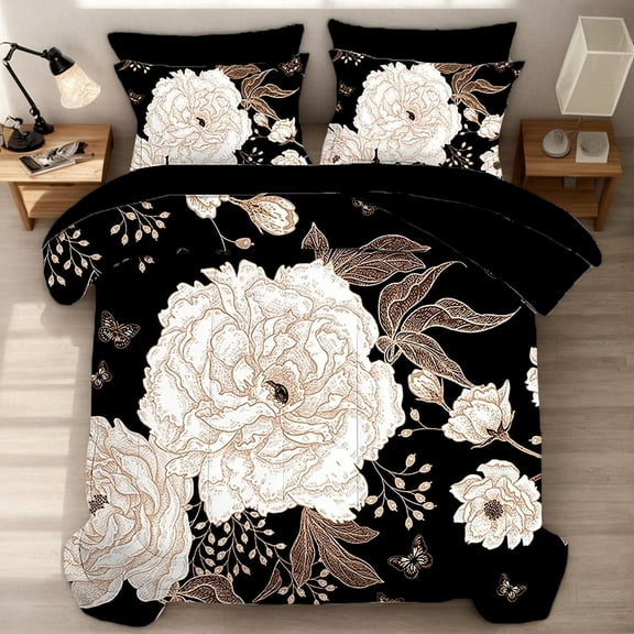 Queen Comforter Set Botanical Floral Bedding Set White Flowers Leaves Printed on Black Reversible Design Soft Microfiber Comforter with Sheet Set All Season 7 Pieces Bed in a Bag
