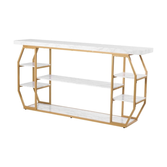 Marble Console Table, 3 Tier Entryway Table with Metal Frame, Golden Geometric Sofa Table for Living Room, Hallway, Foyer, Anti-Tip Design
