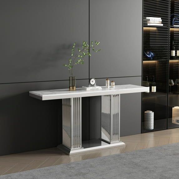 Marble Console Table with Double Pedestal Pillar Silver Finish Stainless Steel Base and 0.71" Thick Marble Top, Modern Rectangular Side Table Furniture for Living Room, Silver+White