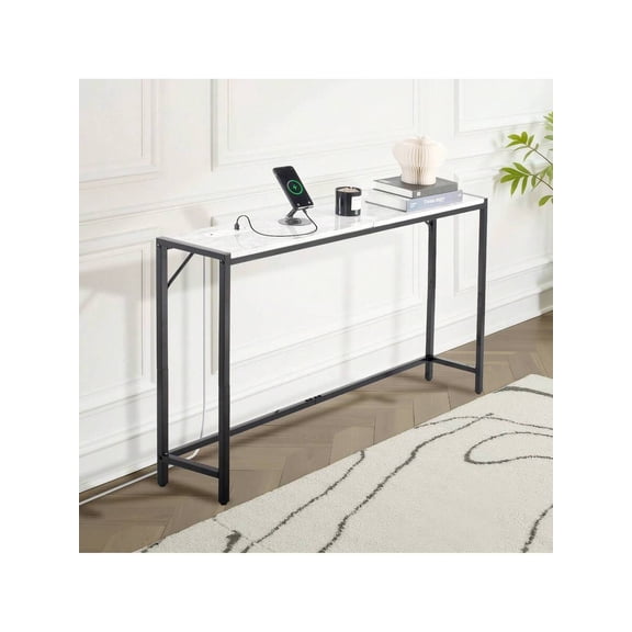 Marble Console Table, Modern Narrow Long Console Table With Power Outlet, Thin Sofa Side Table With Iron Tubes, Anti-Tip Device And Triangular Support For Living Room, Hallway, Entryway, Foyer