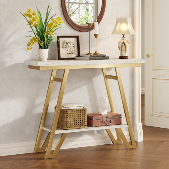 Marble Console Table with Open Shelves, Space Saving Small Entryway Table with Storage, Narrow Sofa Table Behind Couch for Entrance, Living Room, Hallway, Easy Assembly