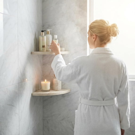 Marble Corner Shower Shelf,9Inch Polished Natural Marble Bathroom Corner Shelves, Wall Mounted Adhesive No Drill Stone Shower Caddy, 2-Tier Luxury Bath Storage Organizer for Tile Walls