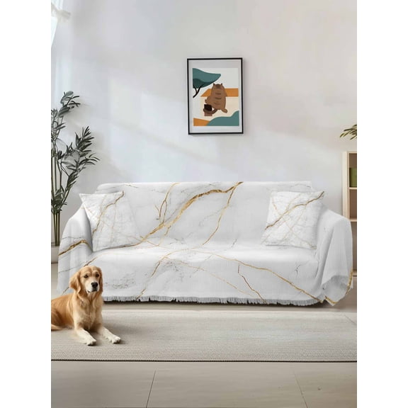 Marble Couch Cover for 2 Cushion Sofa, Grey Golden Crack Minimalistic Abstract Washable Loveseat Sofa Covers Slipcover for Sectional Sofas L-Shaped, Couch Throw Cover 71"x118"