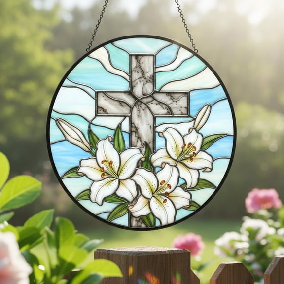 Marble Cross With White Lilies Glass Suncatcher, Christian Religious Window Hanging, Spiritual Gift For Mom, Grandma, Suncatcher Window Hanging, 7.9 in