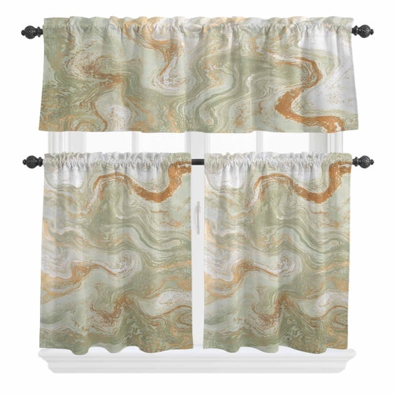 Marble Curtain Valances Set Abstract Fluid Art Green Brown Marble Texture Modern Kitchen Curtains 36 inch Length Rod Pocket Valance and Tiers 3 Piece Set Small Bedroom Bathroom Laundry Decor