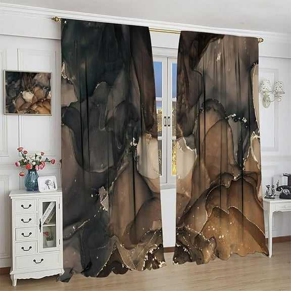 Marble Curtains, Abstract Brown Black Gold Luxury Flow Liquid Modern Home Vintage Stone Pattern Drapes Window 2 Panel Rod Pocket Curtain For Bedroom Living Room Decor 26"W x 63"L (Pack of 2)