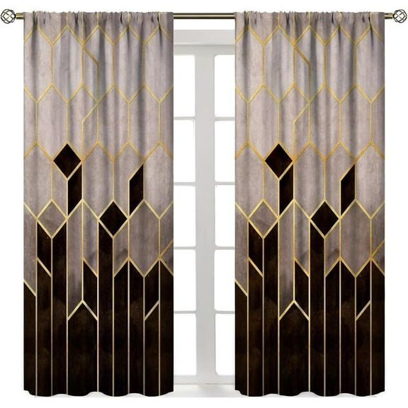 Marble Curtains, Brown Gold Abstract Geometry Pattern Texture Window Treatments for Bedroom Living Room, Purple Ombre Marble Drape 2 Panel Sets,52x63 Inch Blackout