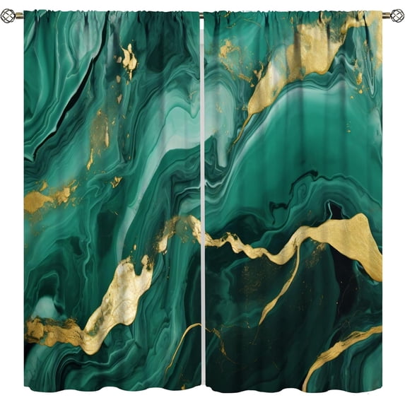 Marble Curtains,Emerald Green Abstract Marble Gold Texture Home Decor Drape for Bedroom Living Room Kitchen Window Treatment Set -42"W x 63"L (Pack of 2)