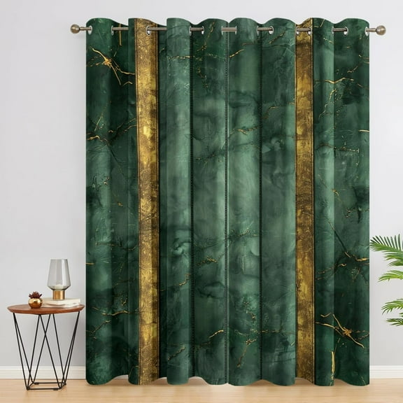 Marble Curtains For Living Room, Modern Abstract Blackout Curtains For Bedroom - Emerald Green And Gold Striped Decor Window Curtains 21"W x 45"L (Pack of 2)