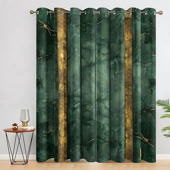 Marble Curtains for Living Room, Modern Abstract Blackout Curtains for Bedroom, Emerald Green and Gold Striped Decor Window Curtains, Grommet Drapes 26"W x 45"L (Pack of 2)