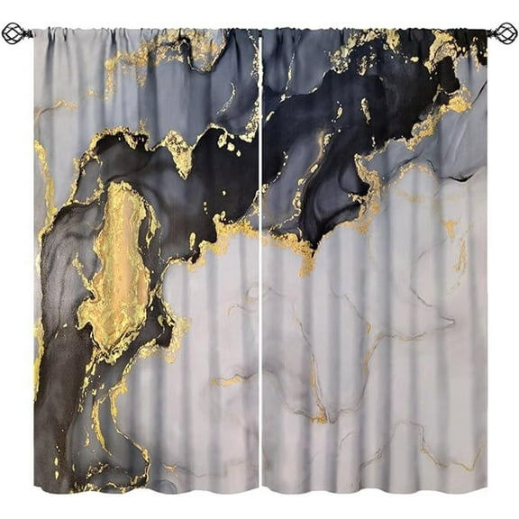 Marble Curtains, Modern Luxury Black Gray Gold Texture Aesthetic Art Pattern Drapes Window 2 Panel Rod Pocket Curtain For Bedroom Living Room Decor 26"W x 54"L (Pack of 2)