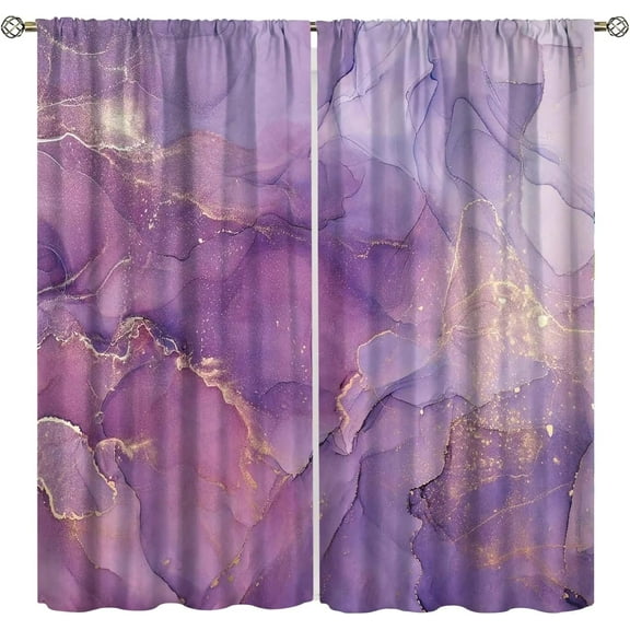 Marble Curtains, Purple Gold Abstract Geometry Pattern Texture Window Treatments for Bedroom Living Room, Purple Ombre Marble Drape 2 Panel Sets,52x63 Inch Blackout