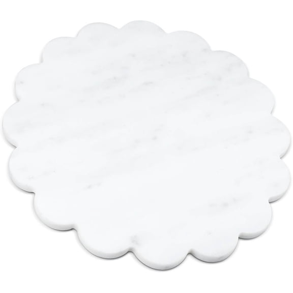 Marble Cutting Board Round Tray White Scalloped Non Slip Decorative Pastry Tray for Kitchen Pizza Cake Bread Baking Cheese Display