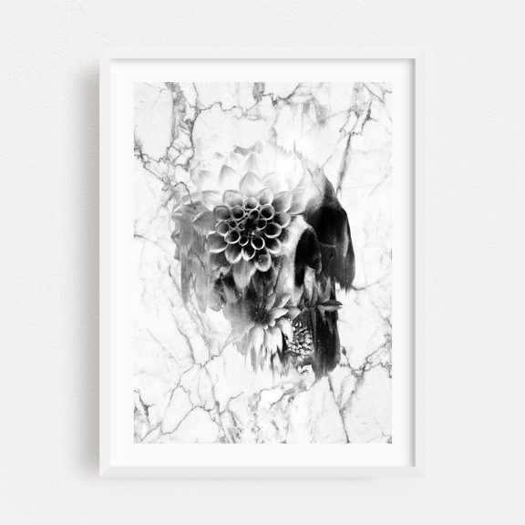 Marble Decay Skull - Illustration Black and White Surrealism Floral Modern Art Abstract Skull White Framed Wall Art Print 5 x 7 inches