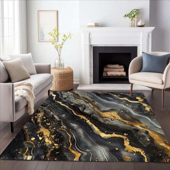 Marble Deco Black Grey Gold Area Rug, Luxury Modern Design Carpet, Washable Non Slip Soft Pile, Living Room Bedroom Dining Room Office Mat 2x3ft