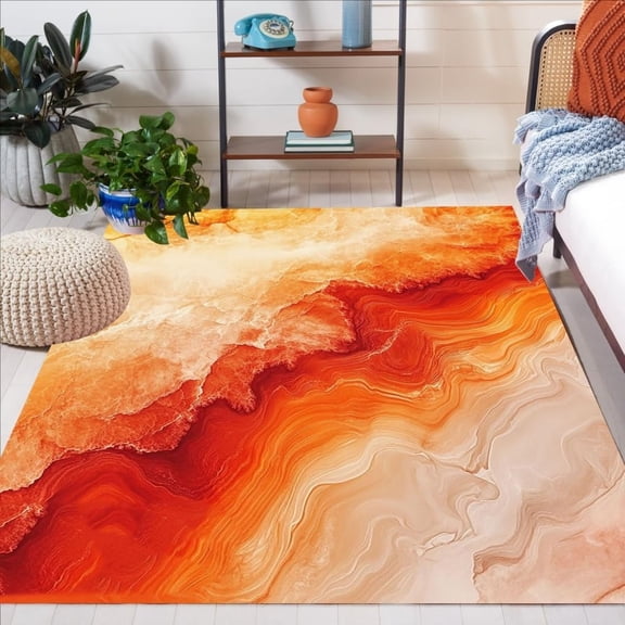 Marble Deco Orange Beige Area Rug, Modern Abstract Design Carpet, Washable Non Slip Soft Pile, Living Room Bedroom Dining Room Office Mat 5x8ft