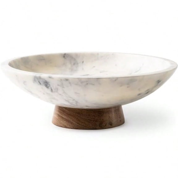 Marble Decorative Bowl for Home Decor - Handcrafted Natural Stone with Acacia Wood Pedestal - Versatile 11 Catch All for Entryway Kitchen Fruit Bowl Potpourri Dining Table Centerpiece