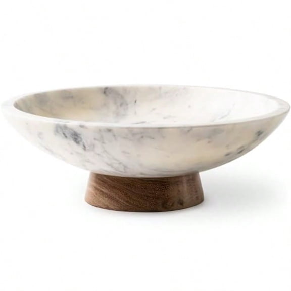 Marble Decorative Bowl with Wood Pedestal, Versatile Home Decor Catchall