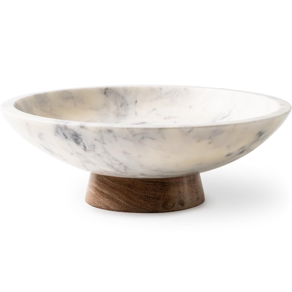 Marble Decorative Bowl with Wood Pedestal, 11 Inch Catch All for Entryway, Kitchen, Dining Table