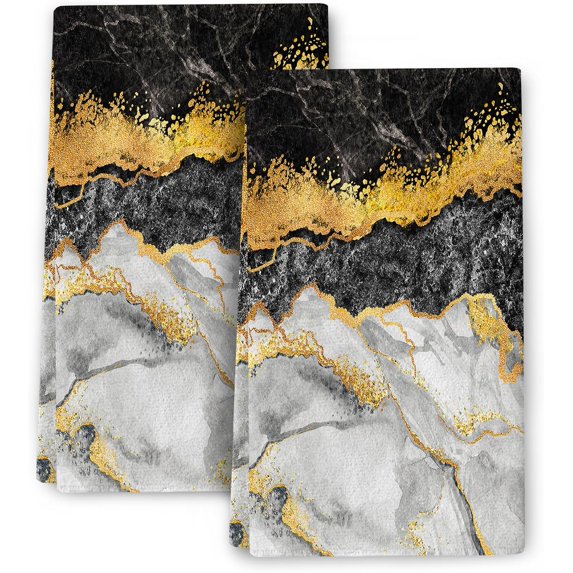 Marble Decorative Kitchen Towels Decorative Set, Soft Absorbent Black Gold Dish Towels 16"x24" Set of 2 Hand Towels Tea Towels for Kitchen Farmhouse Holiday Home Decor