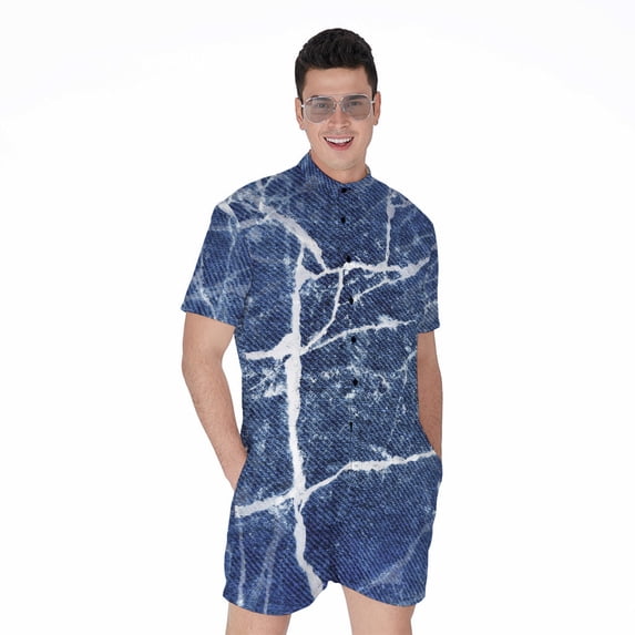 Marble Denim Jeans Pattern Short Sleeve Men'S Rompers, Denim Pattern Design Casual Summer Jumpsuits Outfit