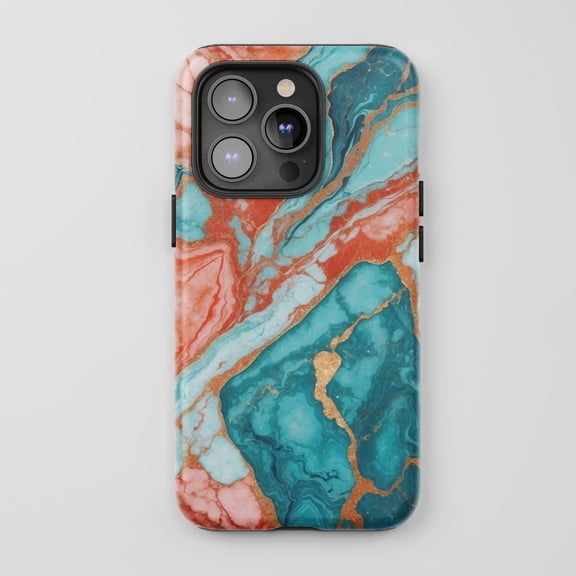 Marble Design For All iPhone Series Tough Phone Case Teal Coral