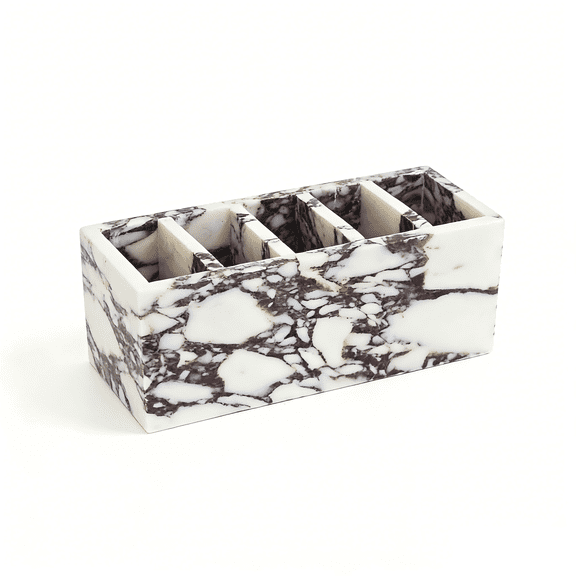 Marble Desk Organizer 5 Compartment Pen Holder, Calacatta Viola Natural Stone Box, Multi-Purpose Storage Caddy for Desk, Bathroom Vanity & Home Office