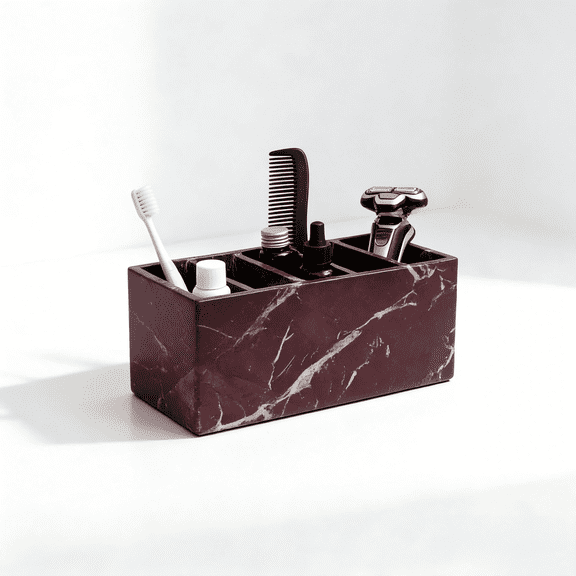 Marble Desk Organizer 5 Compartment Pen Holder, Calacatta Viola Natural Stone Box, Multi-Purpose Storage Caddy for Desk, Bathroom Vanity & Home Office