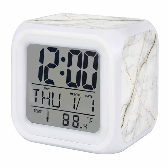 Marble Digital Alarm Clock for Bedrooms, Smart LED Alarm Clock with 7 Color Changing Night Light, Grey Golden Crack Minimalistic Abstract Silent Wake Up Clocks for Sleep Study Cooking 3.2"x3.2"