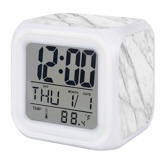 Marble Digital Alarm Clock for Bedrooms, Smart LED Alarm Clock with 7 Color Changing Night Light, Modern Grey White Rock Monochrome Simple Silent Wake Up Clocks for Sleep Study Cooking 3.2"x3.2"