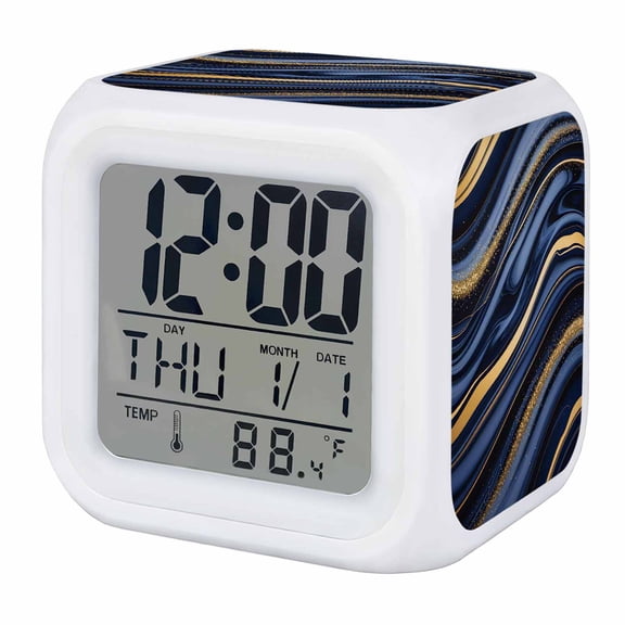 Marble Digital Alarm Clock for Bedrooms, Smart LED Alarm Clock with 7 Color Changing Night Light, Navy Blue Modern Abstract Gold Gradual Art Silent Wake Up Clocks for Sleep Study Cooking 3.2"x3.2"