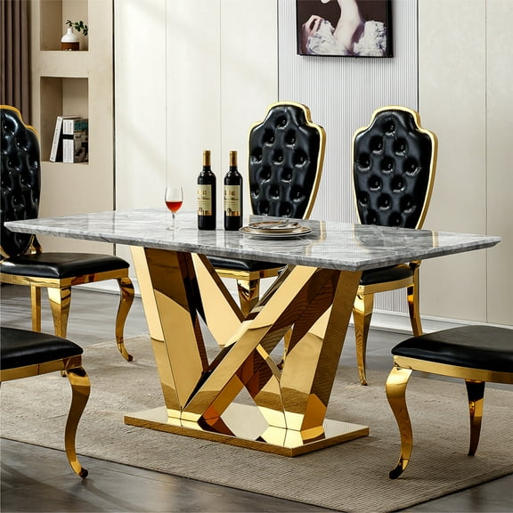 Marble Dining Table for 6 People, 70'' Rectangle Faux Marble Dining Table with Mirrored Finish Stainless Steel Base, Modern Large Size Marble Kitchen Table (Gold,Gray)(ONLY TABLE)