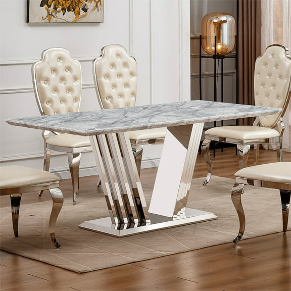 Marble Dining Table for 6 People, 70'' Rectangle Faux Marble Dining Table with Mirrored Finish Stainless Steel Base, Modern Large Size Marble Kitchen Table (Silver,Grey)(only table)