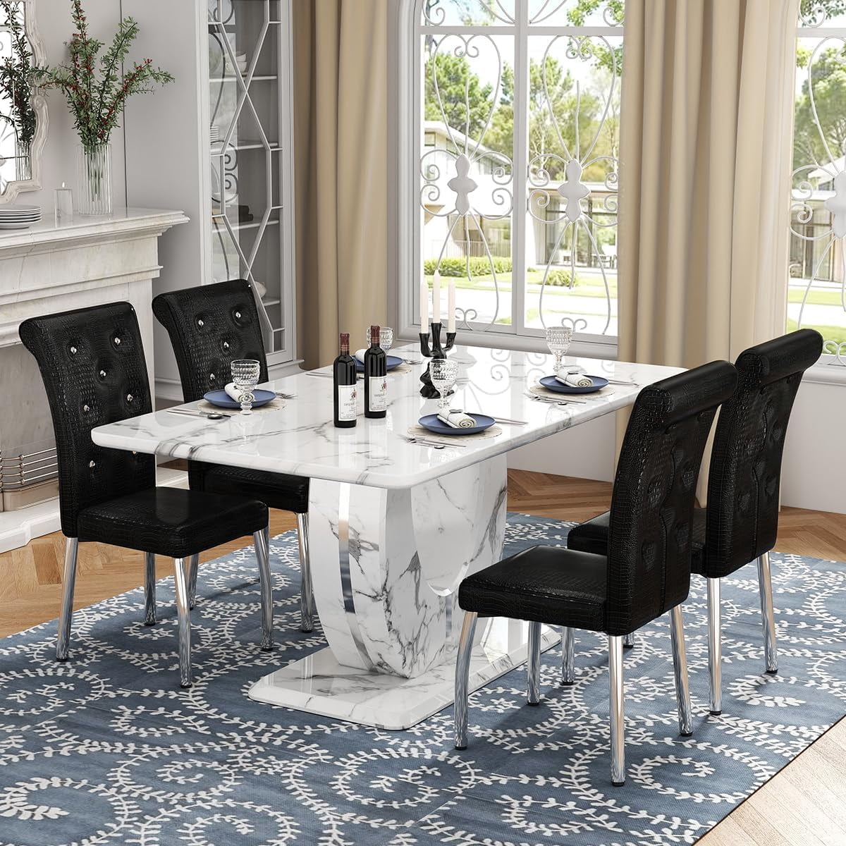 Marble Dining Table Set for 4 with 63" Faux Marble Tabletop and U ...