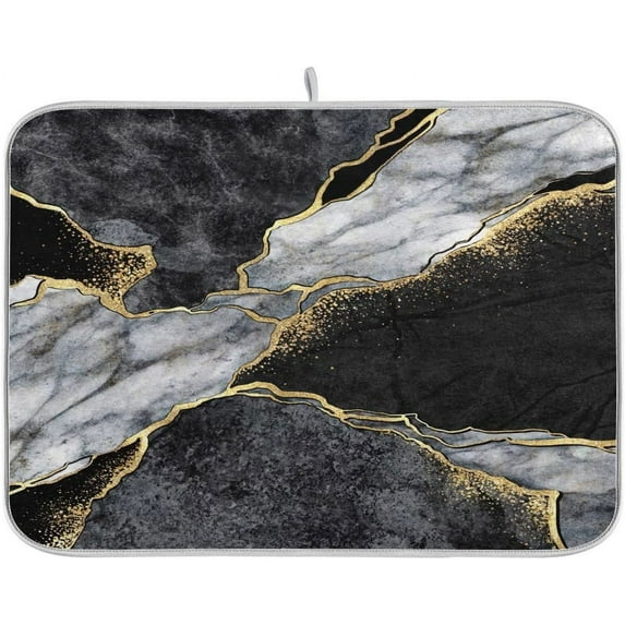 Marble Dish Drying Mat for Kitchen Counter 18x24 inch Black Grey Gold Marbling Print Decorative Absorbent Dish Drying Pad Elegant Luxury Granite Stone Microfiber Large Drainer Rack