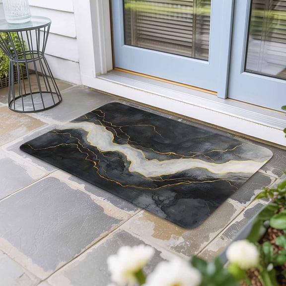 Marble Door Mat Indoor Outdoor, Black Grey Modern Luxury Gold Non Slip Welcome Mat with Rubber Backing, Absorbent Fabric Front Door Mats Entryway Rug for Home Patio Entrance 16"x24"