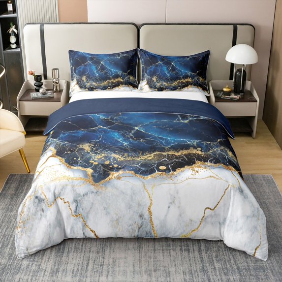 Marble Duvet Cover Set Gold Giltter Bedding Set Navy Blue Stone Marble Comforter Cover Adults Tie Dye Fluid Magma Abstract Art Hipster Quilt Cover 2 Pieces Twin Size Soft Bedroom Decor