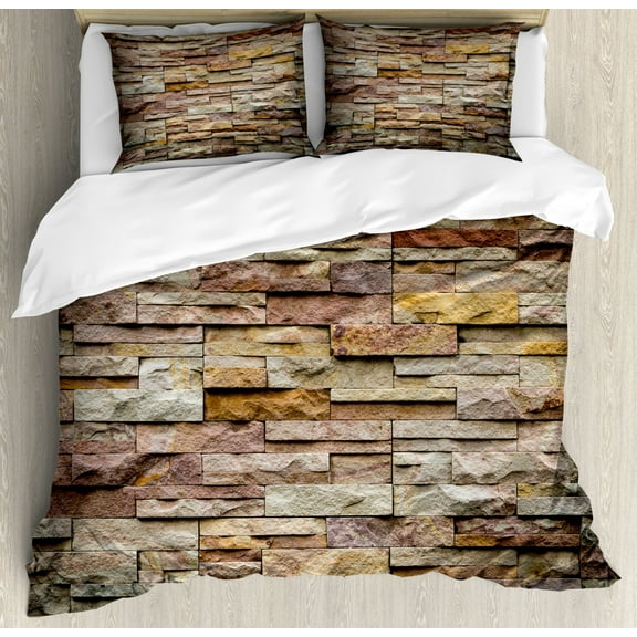 Marble Duvet Cover Set King Size, Urban Brick Slate Stone Wall with Rocks Featured Facade Architecture Town Picture, Decorative 3 Piece Bedding Set with 2 Pillow Shams, Multicolor, by Ambesonne
