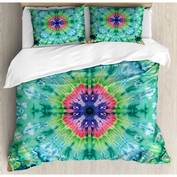 Marble Duvet Cover Set Queen Size, Distressed Background with Pleating Gradient Brushed Marble Styled Effect Image, Decorative 3 Piece Bedding Set with 2 Pillow Shams, Green Pink, by Ambesonne