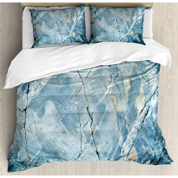 Marble Duvet Cover Set Queen Size, Exquisite Granite Stone Architecture Floor Artistic Nature Faded Rock Picture, Decorative 3 Piece Bedding Set with 2 Pillow Shams, Pale Blue Grey, by Ambesonne