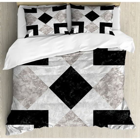 Marble Duvet Cover Set Queen Size, Nostalgic Marble Stone Mosaic Regular Design with Alluring Elements Artwork Print, Decorative 3 Piece Bedding Set with 2 Pillow Shams, Black Beige, by Ambesonne