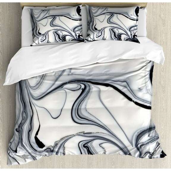Marble Duvet Cover Set Queen Size, Trippy Mix of Colors with Unusual Forms Creative Paintbrush Style Image, Decorative 3 Piece Bedding Set with 2 Pillow Shams, Black Pale Grey Dust, by Ambesonne
